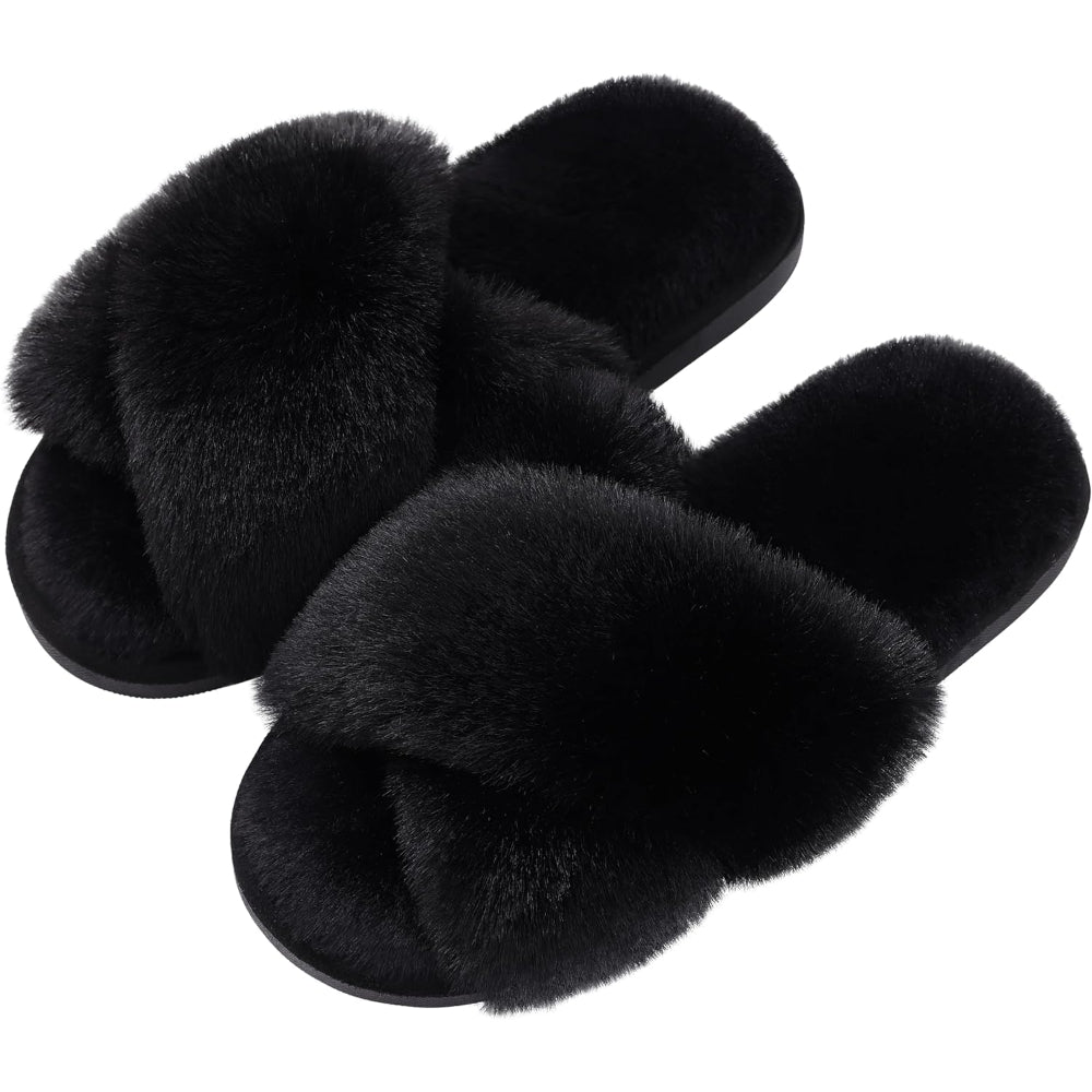 Fuzzy Cross Band House Slippers With Soft And Supportive For Indoor Wear