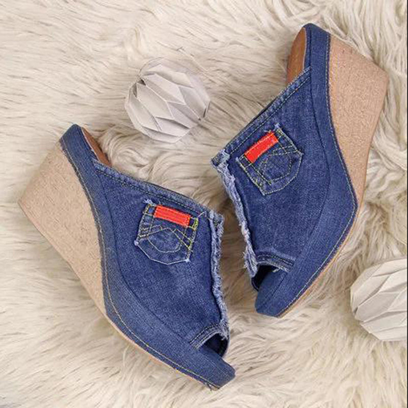 Denim Peep-Toe High Wedge Sandals