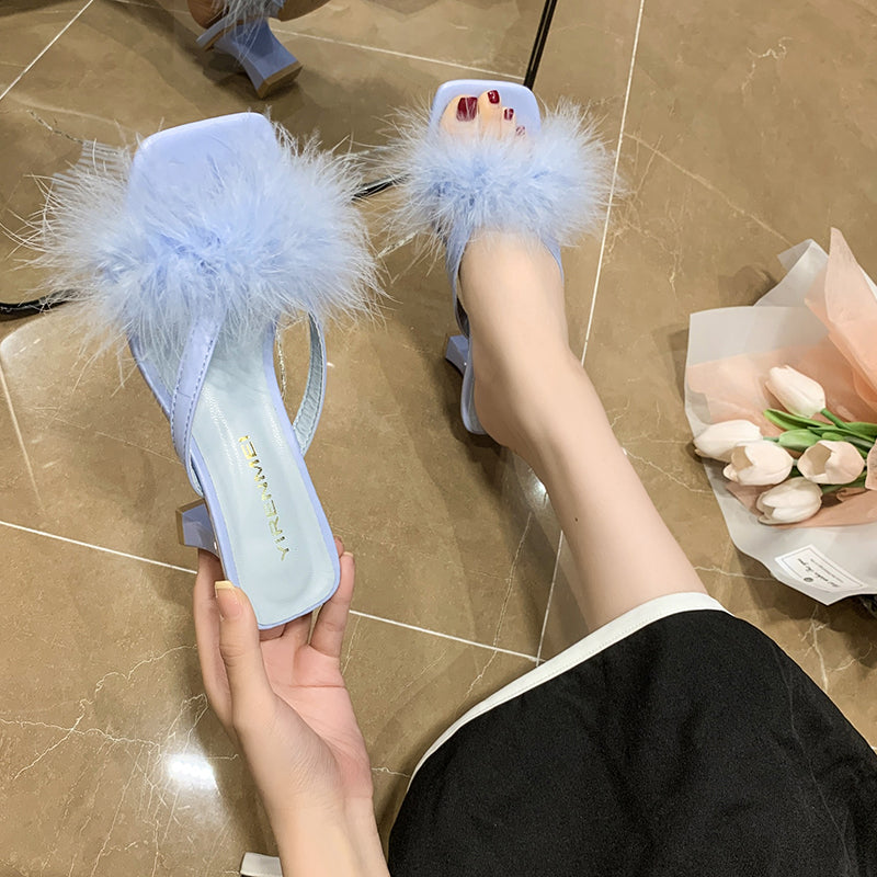 Women High Heels Fur Slippers