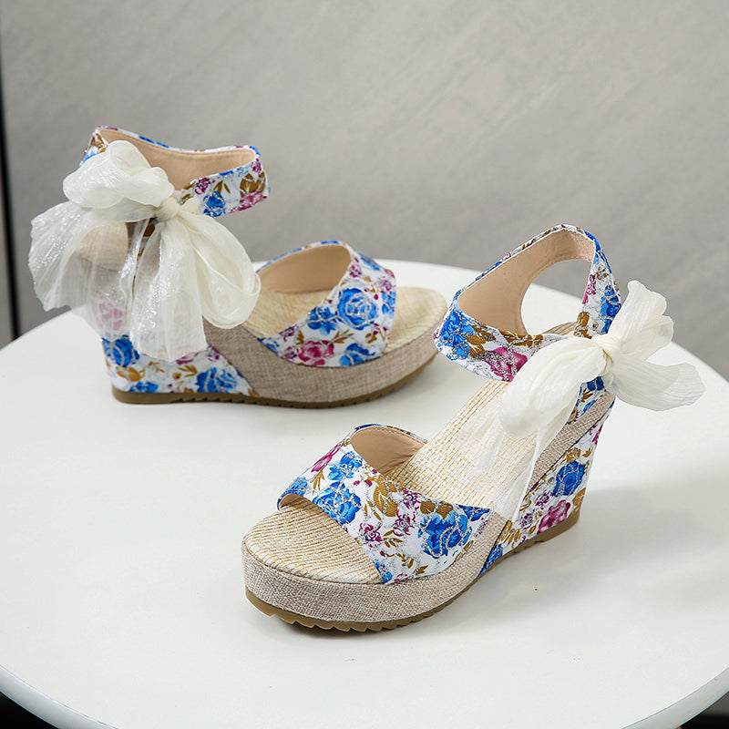 Floral Lace-Tie High Wedge Sandals