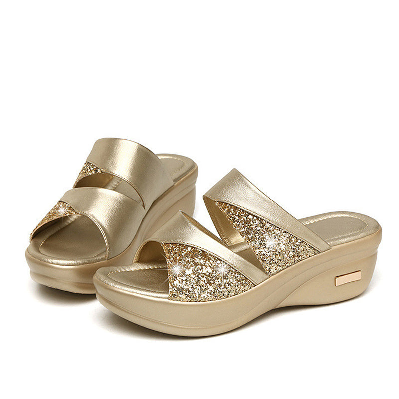 Ladies Glitter PU Wedges Slippers