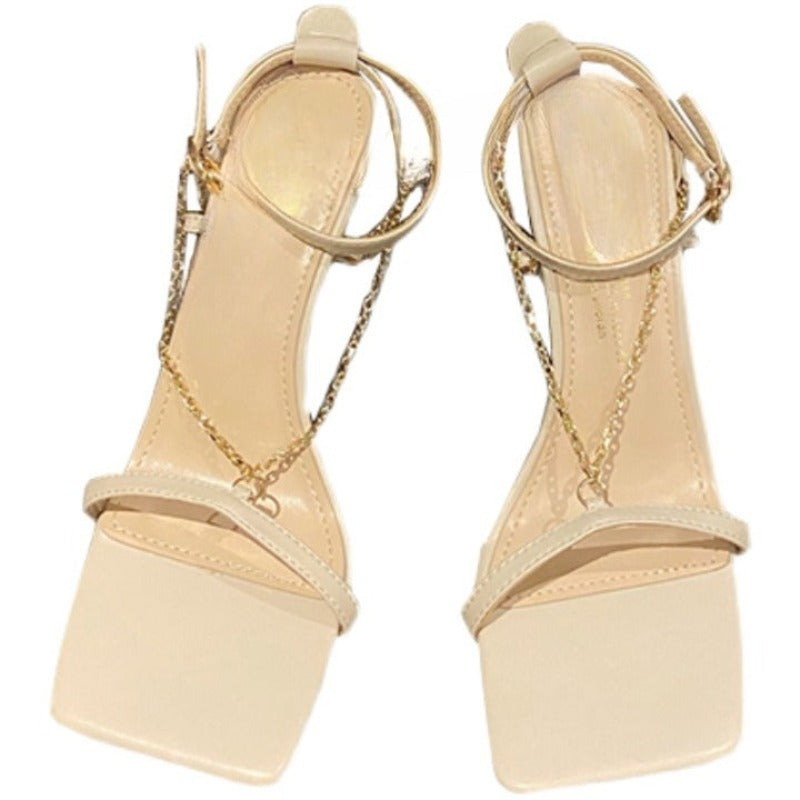 Women Sandals Lock Chain Crystal High Heel