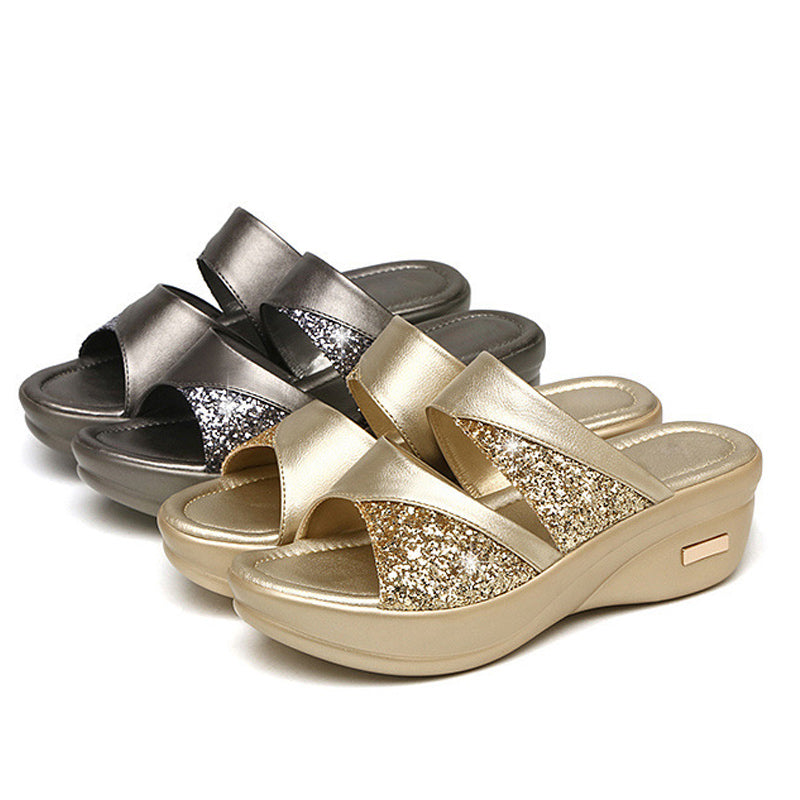 Ladies Glitter PU Wedges Slippers