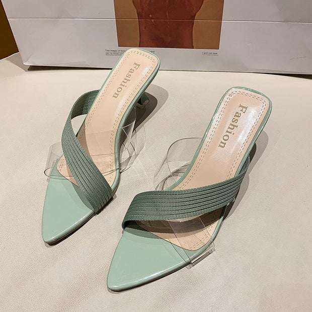 Ladies One-Side Clear Strap Low Heel Mule Sandals