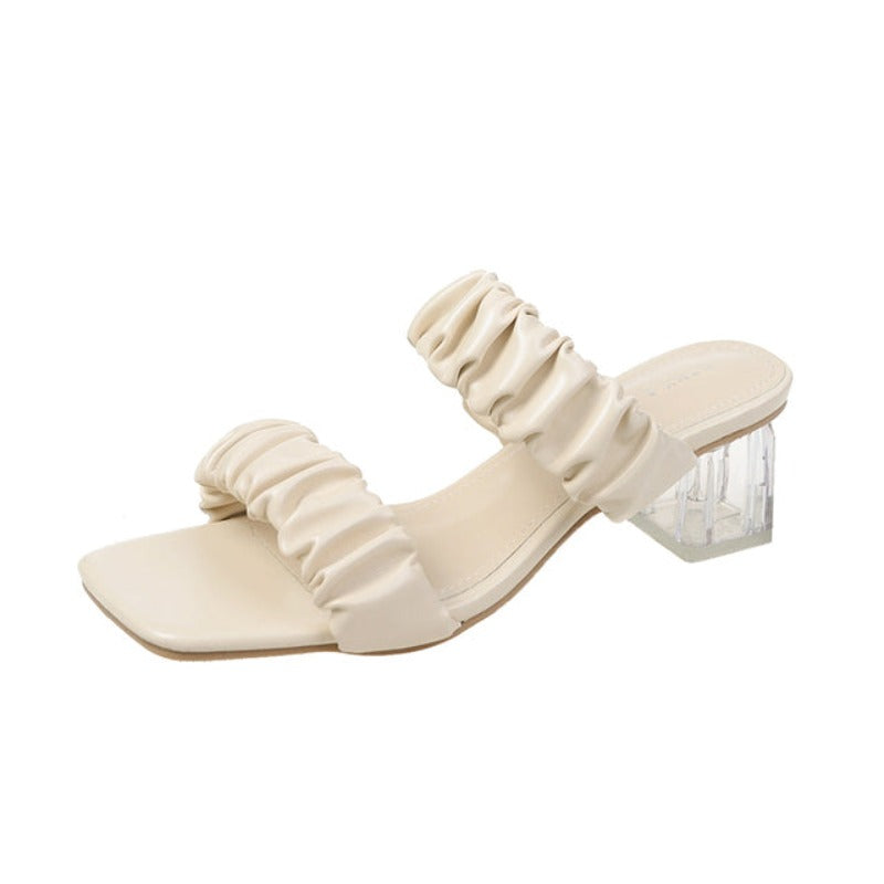 Pleated Material Open Toe Mid Heel Sandals