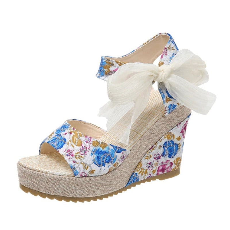 Floral Lace-Tie High Wedge Sandals