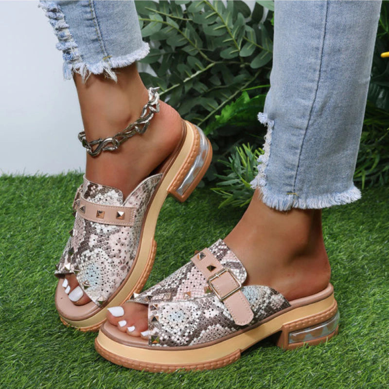 Snake Print Classic Casual Open Toe Rivets Monk Buckle Sandal