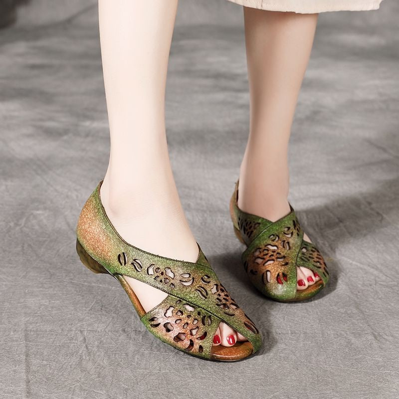 Folk Style Leather Sandals With Rough Heels