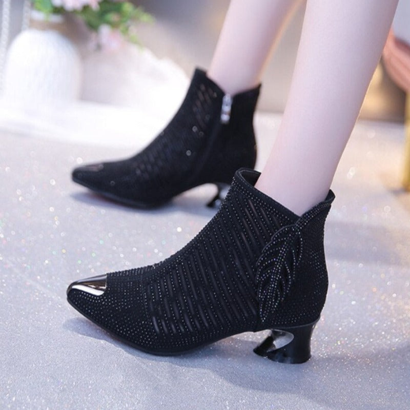 Microfiber Mesh Pointed Rhinestones Boots