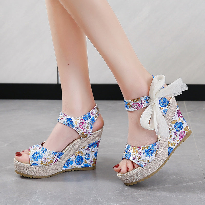 Floral Lace-Tie High Wedge Sandals