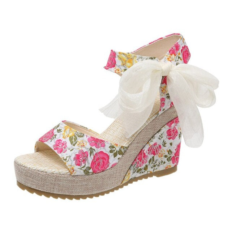 Floral Lace-Tie High Wedge Sandals