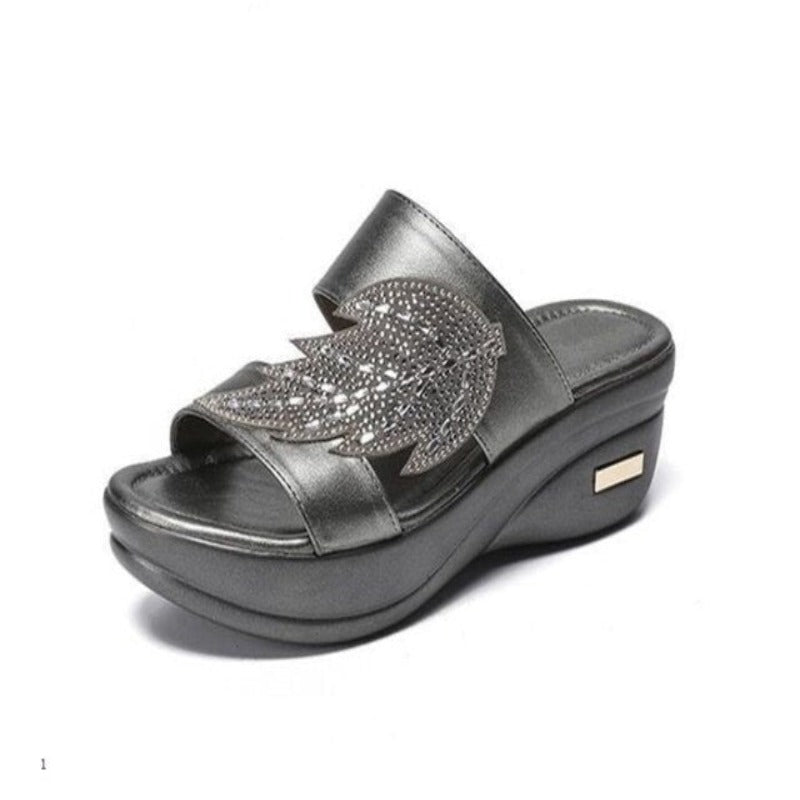 Ladies Glitter PU Wedges Slippers