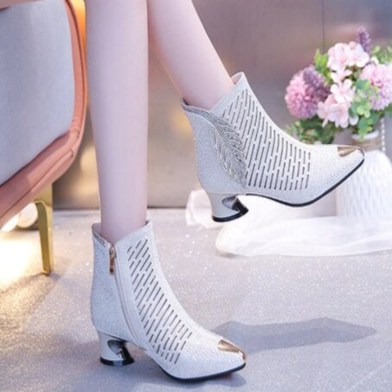 Microfiber Mesh Pointed Rhinestones Boots