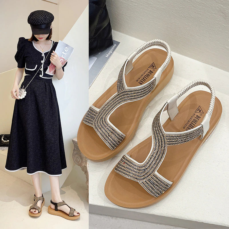 European Style Summer Fashion Diamond Flat Women Soft Sandals