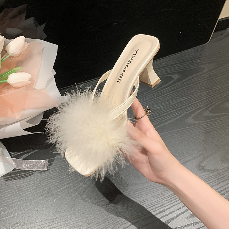 Women High Heels Fur Slippers