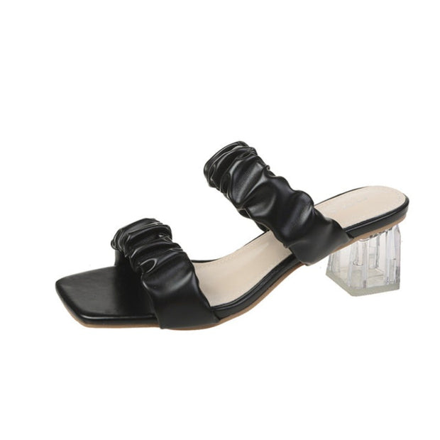 Pleated Material Open Toe Mid Heel Sandals