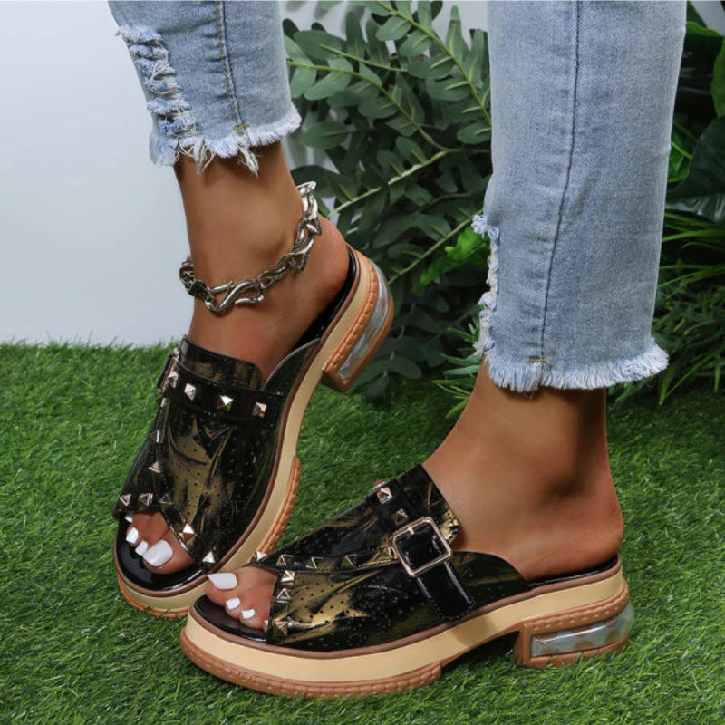 Snake Print Classic Casual Open Toe Rivets Monk Buckle Sandal