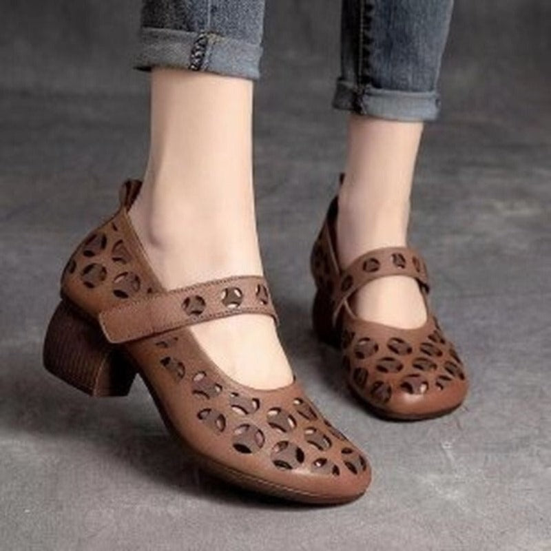 PU Leather Handmade Retro Women Thick Heels