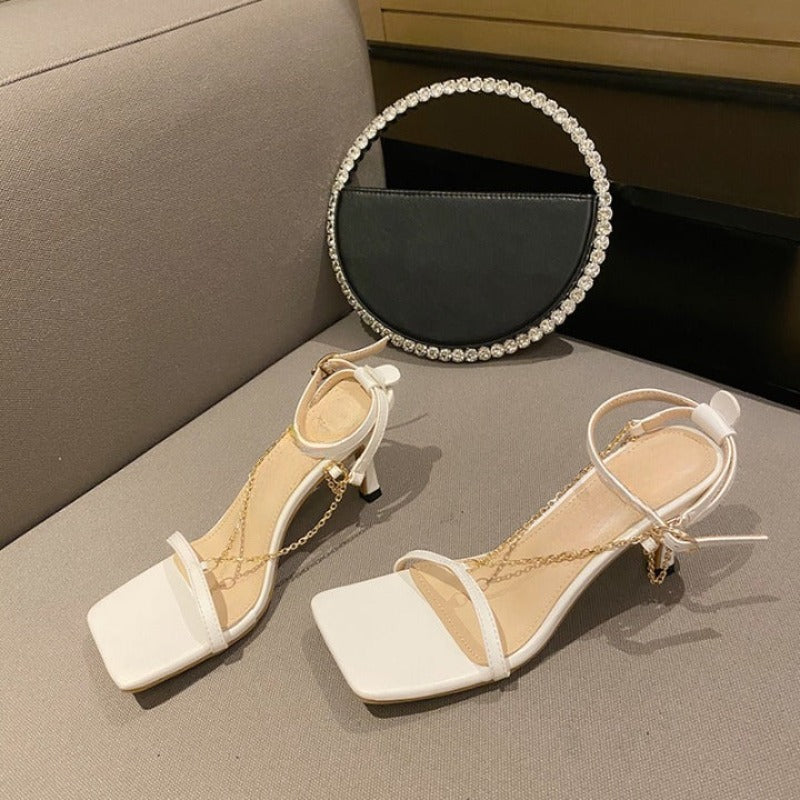 Women Sandals Lock Chain Crystal High Heel