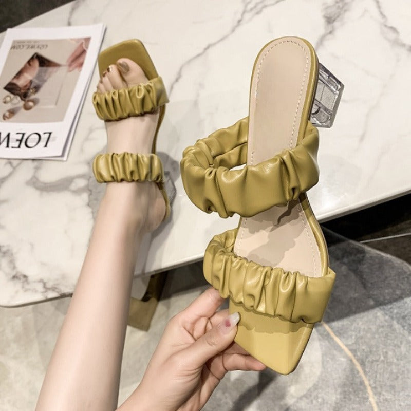 Pleated Material Open Toe Mid Heel Sandals