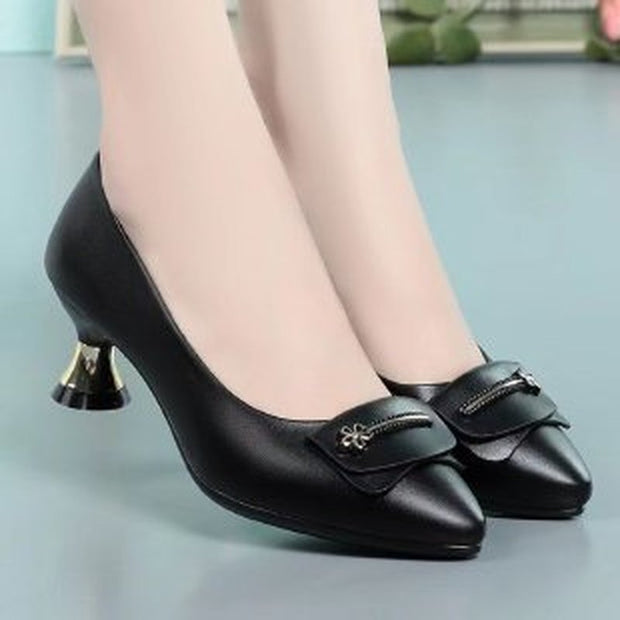 Casual Black PU Leather Heels Sapatos