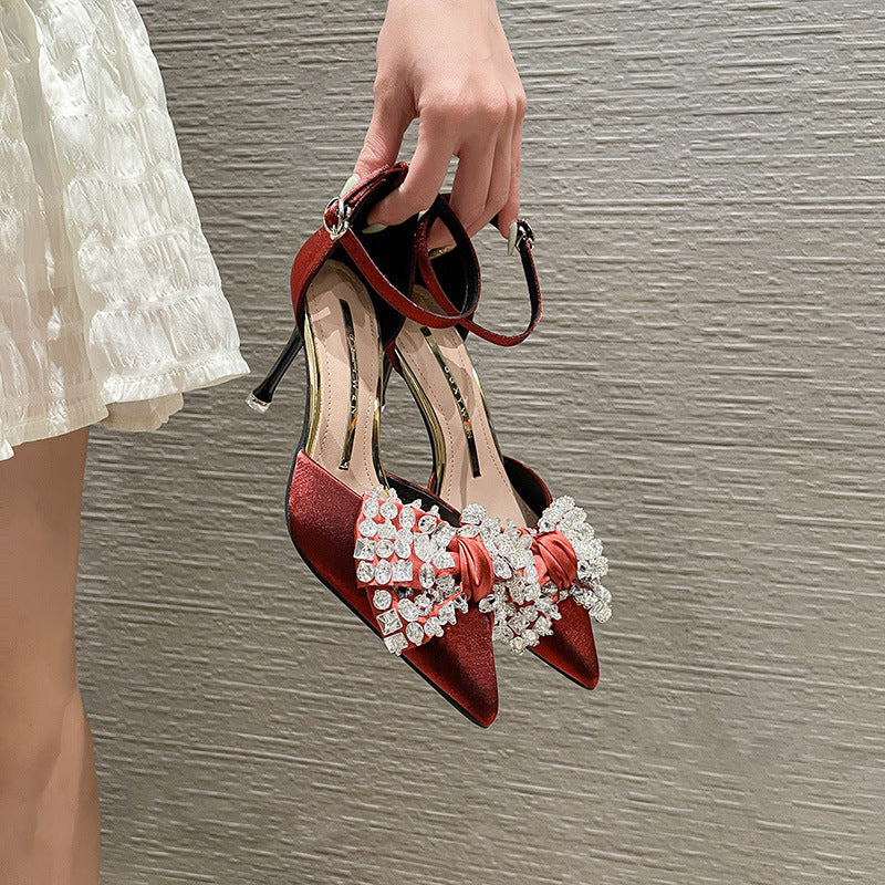 Pointed Rhinestone Bow Stiletto Silk Sandals