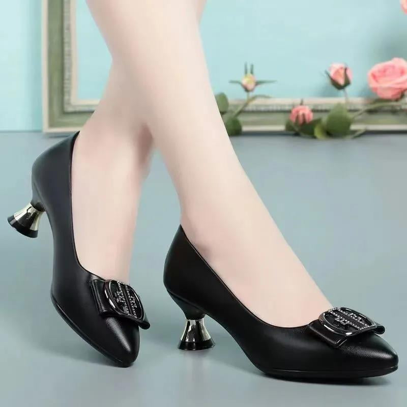 Casual Black PU Leather Heels Sapatos