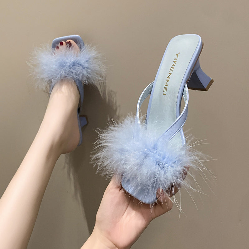 Women High Heels Fur Slippers