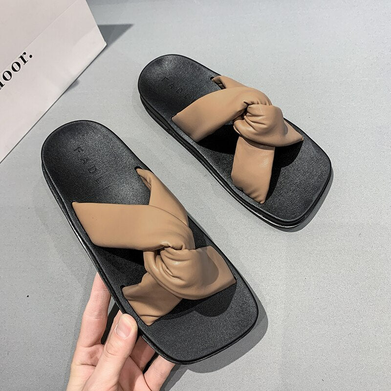 Summer Newest Women Concise Genuine Leather Slippers