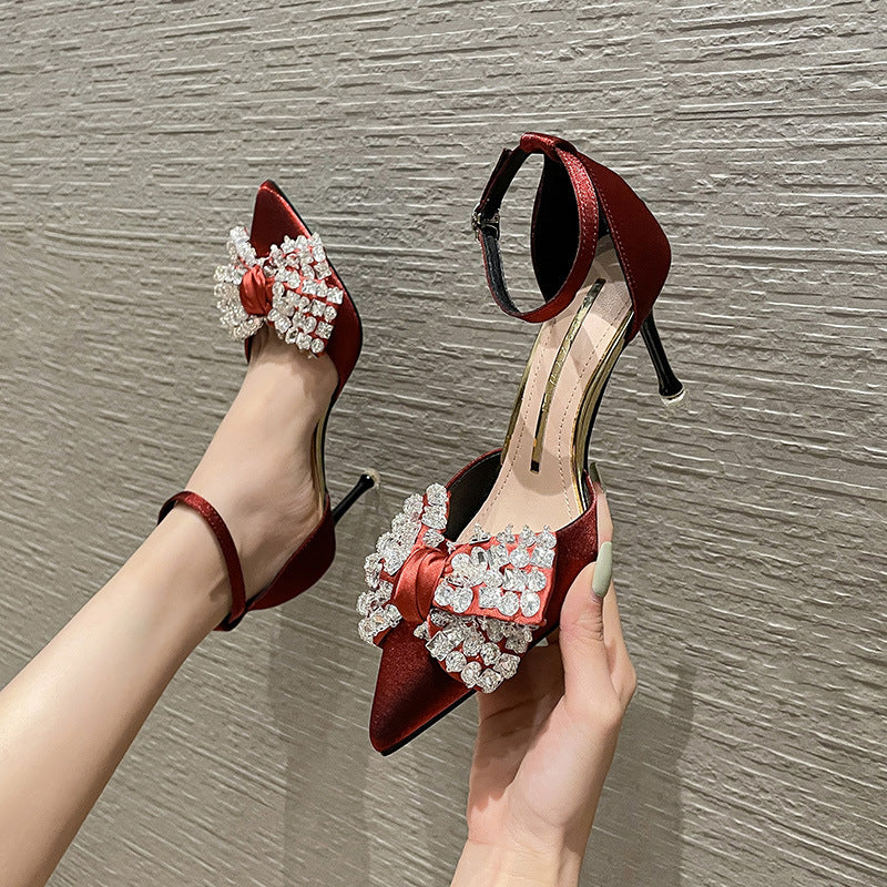 Pointed Rhinestone Bow Stiletto Silk Sandals