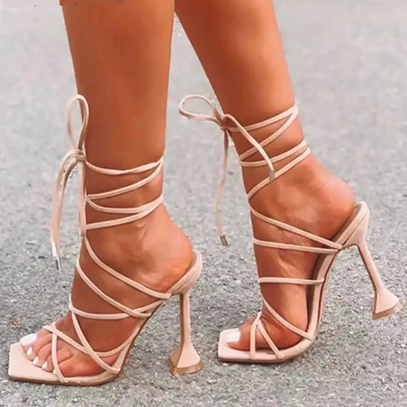 Peep Toe Ankle Strap Shoe Cross Lace-Up Stiletto High Heels