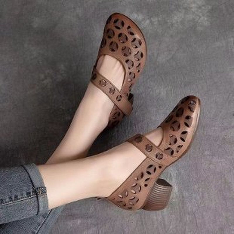 PU Leather Handmade Retro Women Thick Heels