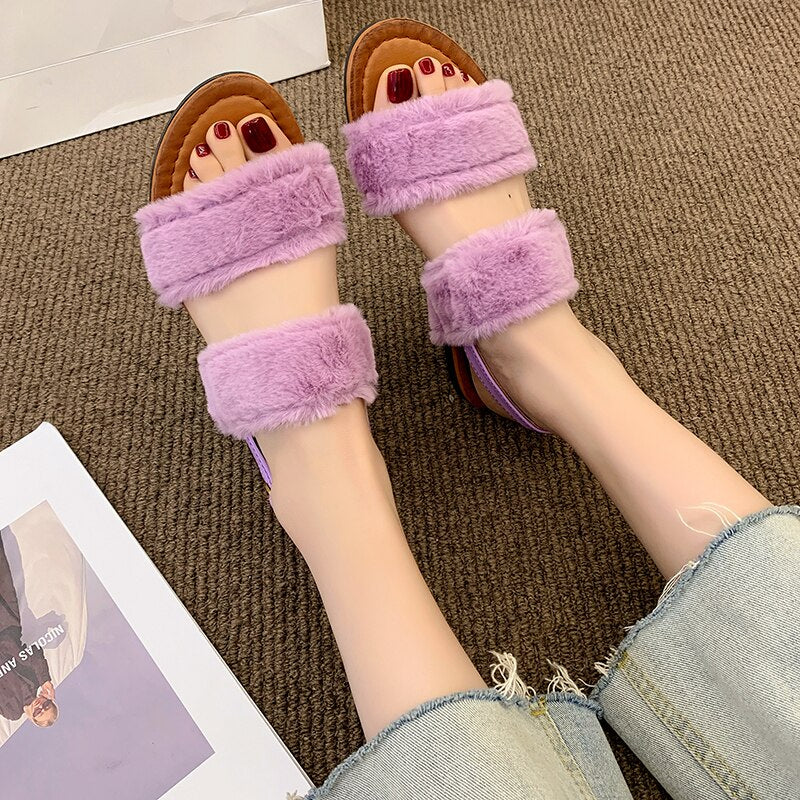 Faux Fur Sweet Candy-Colored Slippery-Proof Platform Autumn Slippers