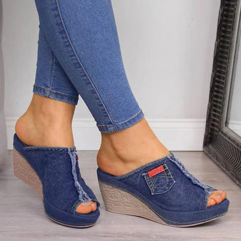 Denim Peep-Toe High Wedge Sandals