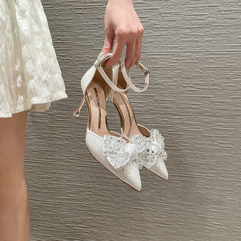 Pointed Rhinestone Bow Stiletto Silk Sandals