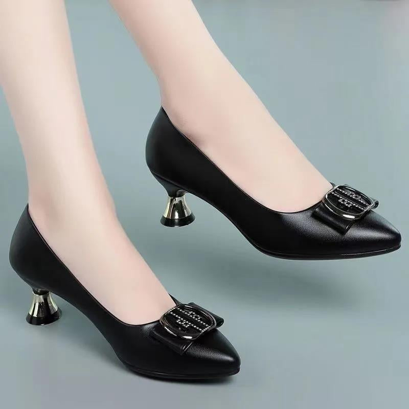 Casual Black PU Leather Heels Sapatos