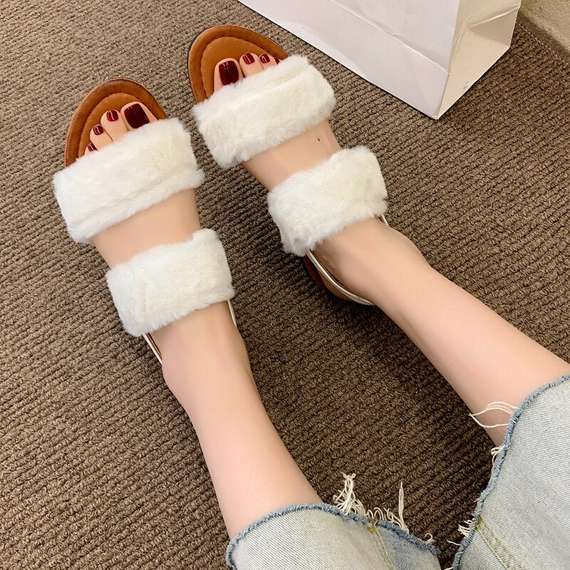 Faux Fur Sweet Candy-Colored Slippery-Proof Platform Autumn Slippers