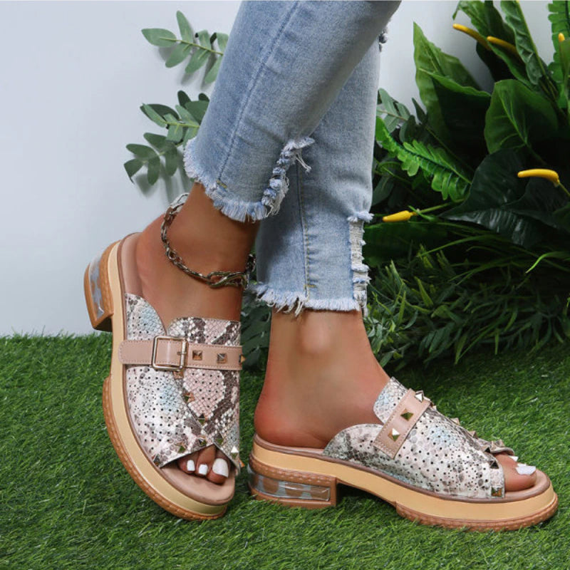 Snake Print Classic Casual Open Toe Rivets Monk Buckle Sandal