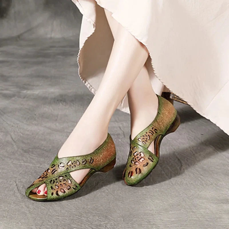 Folk Style Leather Sandals With Rough Heels