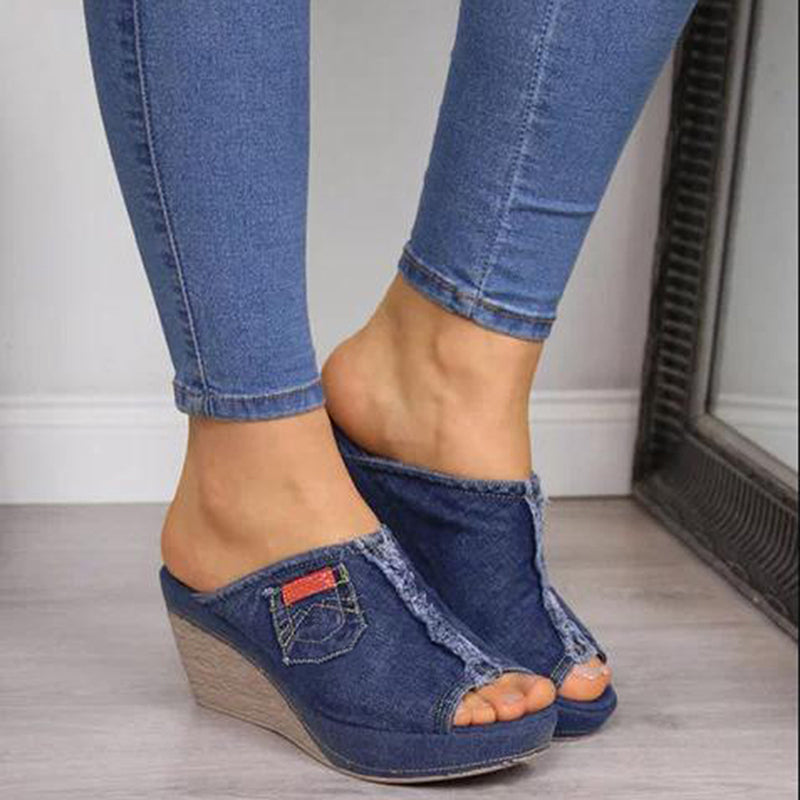 Denim Peep-Toe High Wedge Sandals