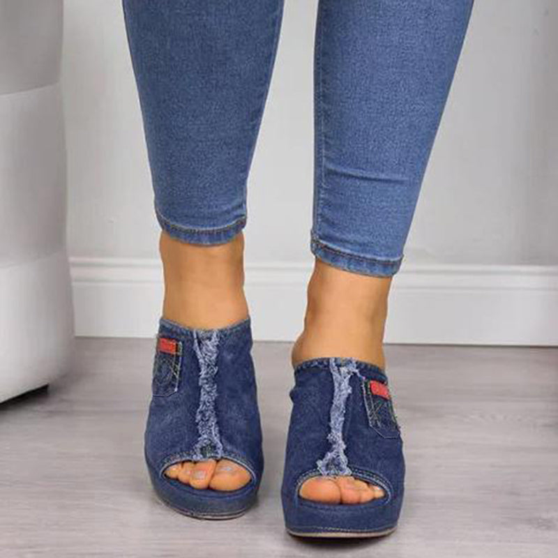 Denim Peep-Toe High Wedge Sandals