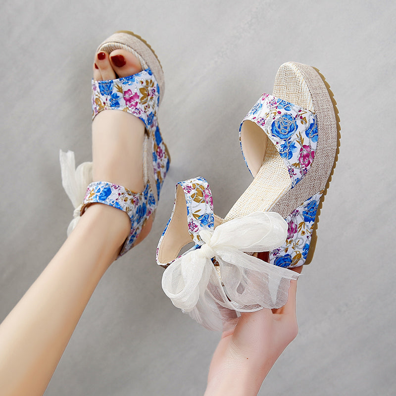 Floral Lace-Tie High Wedge Sandals