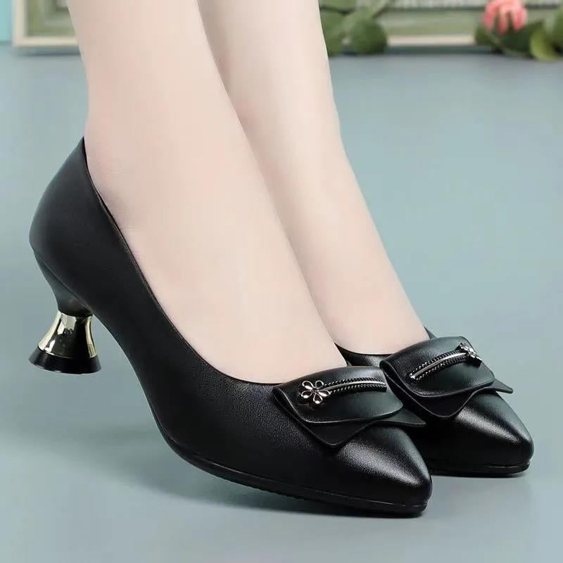 Casual Black PU Leather Heels Sapatos