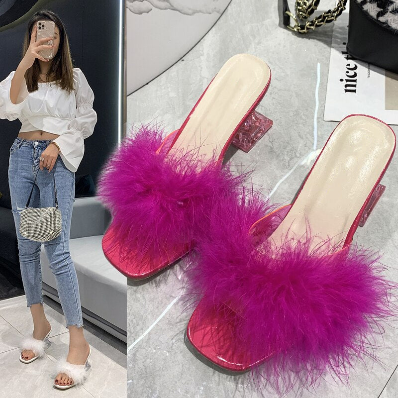 Women Fluffy Peep Toe Sexy High Heels