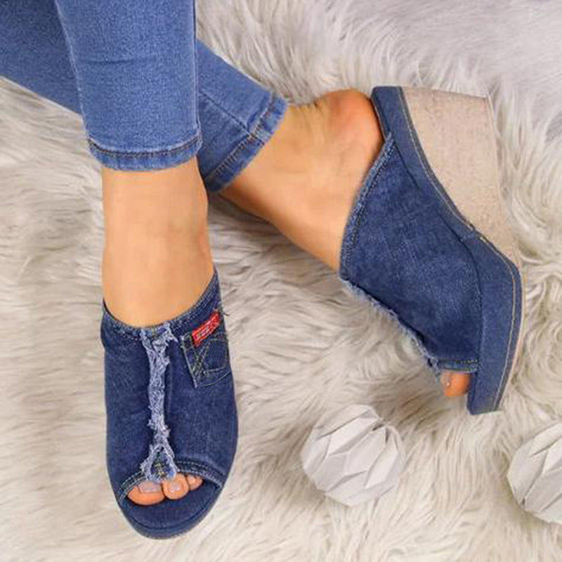 Denim Peep-Toe High Wedge Sandals