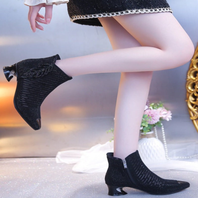 Microfiber Mesh Pointed Rhinestones Boots