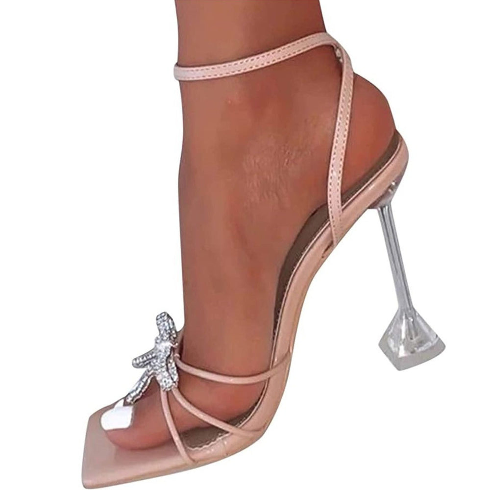 Women High Heels Ankle Strap Bow Rhinestone