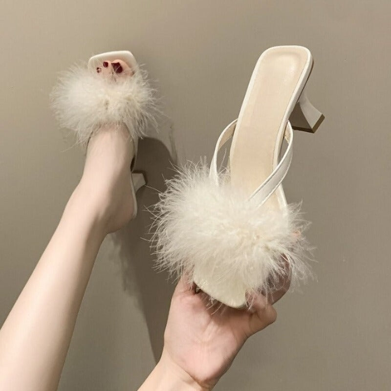 Women High Heels Slippers Fur