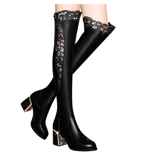 Women Embroidered Lace Knee Boots