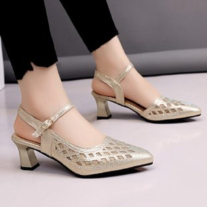 Women Buckle Crystal Mother Heel